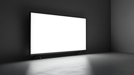 Poster - Empty white TV screen in minimalist setting illuminated against dark background showcasing modern design and digital display potential.