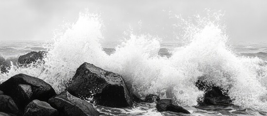 Leinwandbilder - Dynamic ocean waves crashing against rugged rocks in dramatic black and white seascape capturing the power of nature's forces.