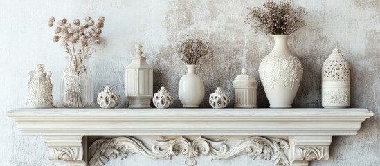 Aufkleber - Elegant vintage decorative shelf with intricate embellishments and stylish ceramic vases displaying dried flowers against a textured wall backdrop