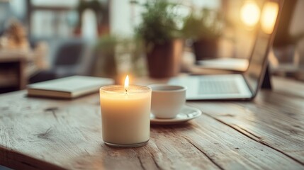 Leinwandbilder - Candle and coffee cup on wooden desk with laptop creating a cozy working atmosphere in modern interior design setting
