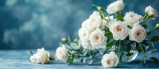 Aufkleber - Elegant arrangement of white roses and greenery on a table with a soft blue background perfect for floral decor and wedding themes.