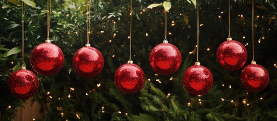 Poster - Glittering vintage red Christmas ornaments hanging from a festive tree in a magical winter outdoor setting during the holiday season