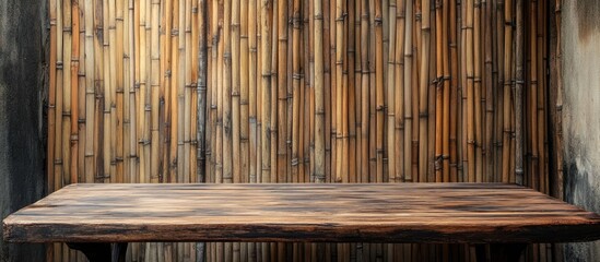 Poster - Classic wooden table against a natural bamboo wall ideal for stylish interior design backgrounds and display settings