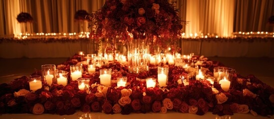 Poster - Elegant wedding table floral arrangement with glowing candles creating a romantic atmosphere in a beautifully decorated event space.