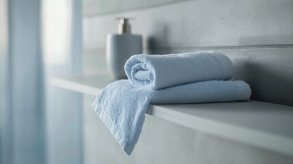 Aufkleber - Rolled light blue and white towel neatly arranged on a minimalist shelf with modern decor elements in a serene bathroom setting