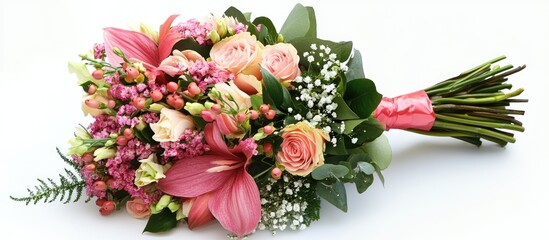 Poster - Elegant wedding bouquet featuring pink lilies, roses, and seasonal blooms with lush greenery and decorative wrap for bridal occasions.