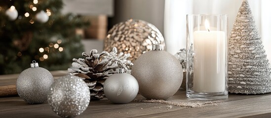 Poster - Elegant white and silver Christmas ornaments with a lit candle creating a warm festive ambiance on a wooden table during the holiday season