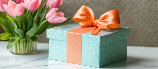 Aufkleber - Pink tulips beside a turquoise gift box with an orange bow on a white backdrop capturing a cheerful spring atmosphere