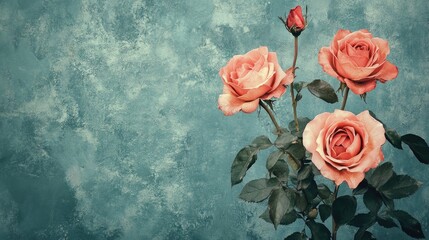 Aufkleber - Vintage roses bouquet against a textured teal background creating a classic floral aesthetic for design and decor use