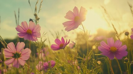 Aufkleber - Sunset Over Vintage Cosmos Flowers in a Serene Field with Soft Light and Blurred Background