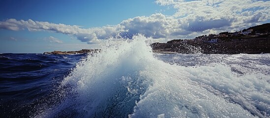 Leinwandbilder - Waves crashing against a harbour wall viewed from a boat highlighting coastal scenery and dynamic ocean movement