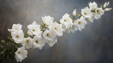 Aufkleber - Elegant white flowers on a delicate branch showcasing natural beauty and tranquility in a soft textured background.