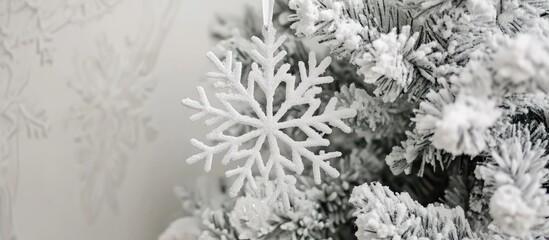 Aufkleber - Snowflake ornament on a snowy tree close-up showcasing a festive decorative background and space for holiday text or banners