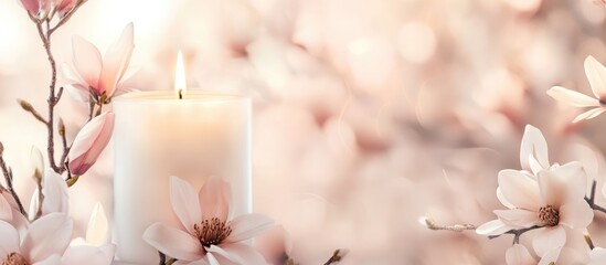 Aufkleber - Elegant white candle surrounded by soft floral decor creating a serene and peaceful ambiance for relaxation and meditation themes.