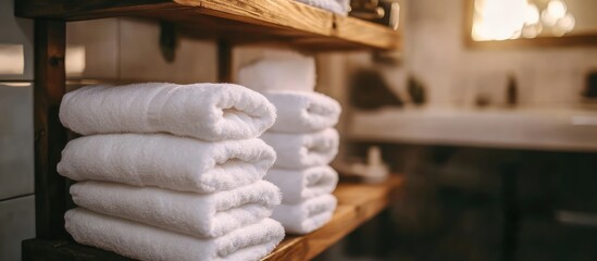 Poster - Neatly arranged white towels on rustic wooden rack highlighting elegant contemporary bathroom interior design and organization