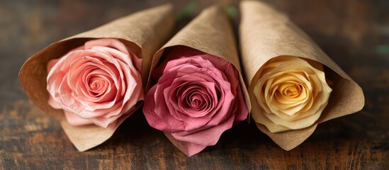Aufkleber - Elegant wedding bouquet featuring pink and yellow roses beautifully wrapped in craft paper on a rustic wooden background.