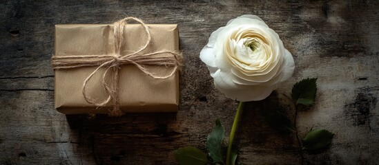 Aufkleber - Elegant white ranunculus and rose placed beside a beautifully wrapped gift box on a rustic wooden background for a charming composition.