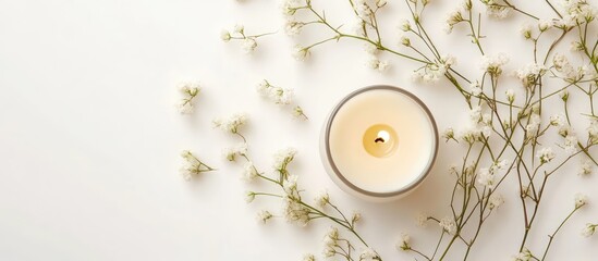 Poster - Serene white candle surrounded by delicate flowers on a clean white background creating a peaceful and calming atmosphere