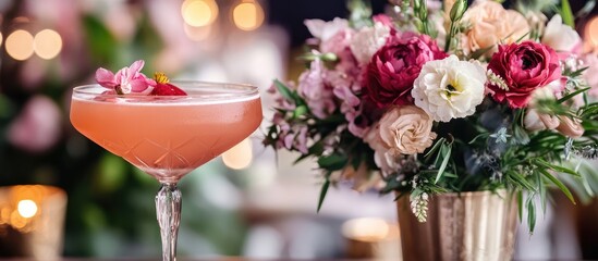 Aufkleber - Elegant wedding pink flower bouquet beside a beautifully presented cocktail in a romantic setting with soft lighting and blurred background.