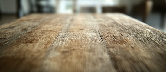 Poster - Rustic vintage wooden table with weathered finish and softly blurred background perfect for interior design concepts and home decor inspiration