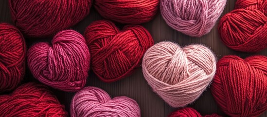 Poster - Colorful yarn hearts crafted from red and pink wool showcasing texture and warmth on a dark wooden background ideal for crafts and love themes.
