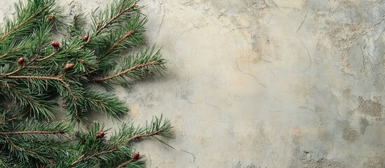Aufkleber - Vintage Christmas Tree Toys on Evergreen Branch over Concrete Backdrop with Blank Space for Holiday Decoration Ideas and Celebrations