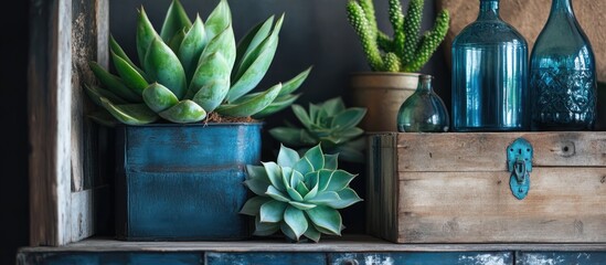 Aufkleber - Cozy vintage home decor showcasing lush succulents, rustic wooden boxes, and classic blue glass bottles for a warm inviting atmosphere