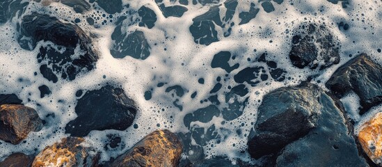 Leinwandbilder - Serene coastal view of ocean waves crashing against textured rocks with foam creating a dynamic contrast in natural colors