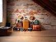 © YiuCheung - A rustic brick wall sets the backdrop for a collection of vintage travel luggage and accessories, ready for an exciting adventure.  A sense of wanderlust fills the room.