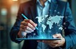 © Pete - Businessman uses tablet to interact with global network data. Virtual world map with tech icons appears on screen. Global connection, internet of things concept shown. Modern digital tech, global