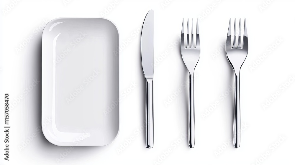 Empty plate paired with a knife and fork isolated on a white background ...