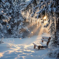 Poster - winter scene featuring a snowy forest with icicles hanging from the trees and a wooden bench covered in snow. The sun is shining through the trees, creating a serene and picturesque atmosphere.