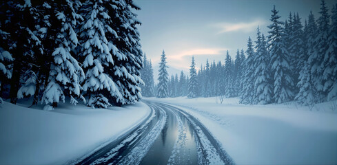 Poster - snowy landscape with a winding road covered in tire tracks, surrounded by tall evergreen trees. The ground and trees are covered in a blanket of snow, and the sky appears overcast, giving the scene a 