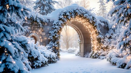 Poster - snowy, Christmas-themed archway adorned with lights, set against a backdrop of snow-covered evergreen trees. The scene is illuminated by warm, festive lights, creating a cozy and inviting atmosphere.