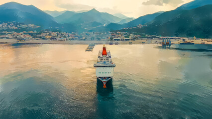 Wall Mural - Igoumenitsa, Greece. Watercolor illustration. Large ferry moored for unloading at the port of Igoumenitsa, Aerial View