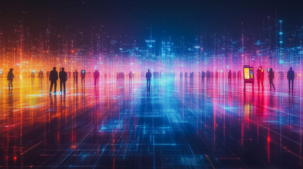 Wall Mural - a group of people are walking in a city with a neon sign in the background