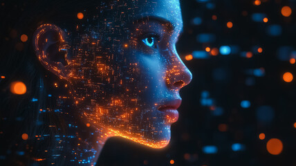 Wall Mural - a woman's face is shown in a computer generated image with a blue eye