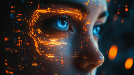 Wall Mural - a woman's face is shown in a computer generated image with a blue eye