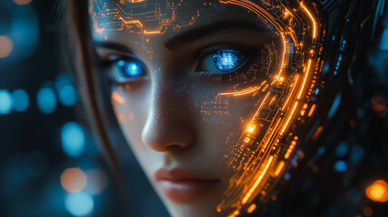 Wall Mural - a woman's face is shown with a blue eye and orange glowing lines surrounding it