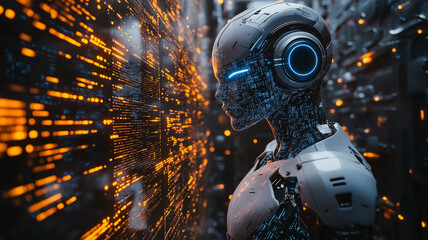 Wall Mural - a robot with blue eyes and a white body stands in front of a wall of orange