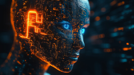Wall Mural - a woman's face is lit up with orange and blue lights, giving it a futuristic