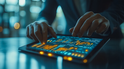 Wall Mural - a man is using a tablet to look at financial data
