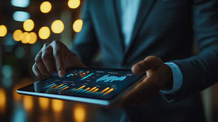 Wall Mural - a man is holding a tablet and touching the screen