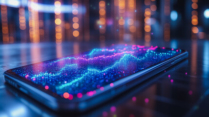 Wall Mural - a cell phone with a blue screen showing a wave pattern