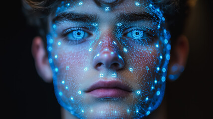Wall Mural - a man's face is covered in blue dots, giving it a futuristic