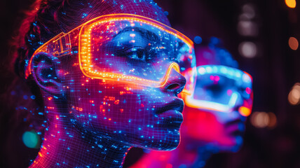 Wall Mural - two women wearing neon colored goggles with a woman's face in the center