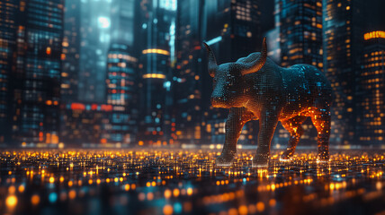 Sticker - A bull statue is standing in a city with a lot of lights