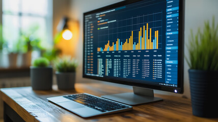 Wall Mural - A computer monitor displays a graph with a lot of numbers and lines. The computer is on a desk with a keyboard and a mouse. The desk is surrounded by potted plants, one of which is a small green plant