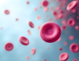 Red blood cells and white blood cells in a dynamic flow, showing a close-up view of their shapes and colors against a light blue background