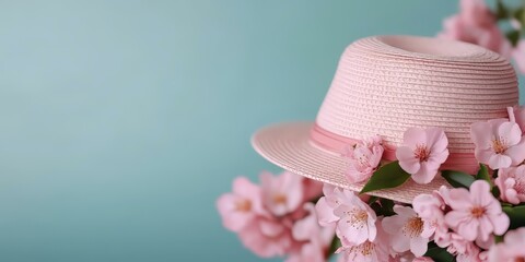 Wall Mural - Spring floral arrangement with straw hat studio setting photography soft colors close-up perspective seasonal vibes